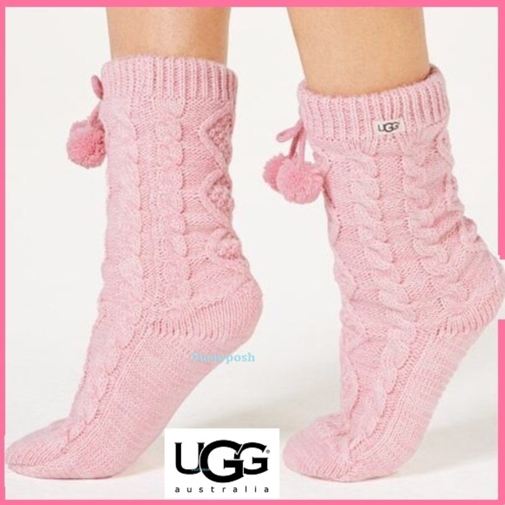 UGG Fleece Lined Pom Pom Socks Cozy Boot Pink New